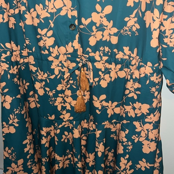 Floral Green and Orange Drop Waist Flowy Peasant Mini Dress - Picture 4 of 7